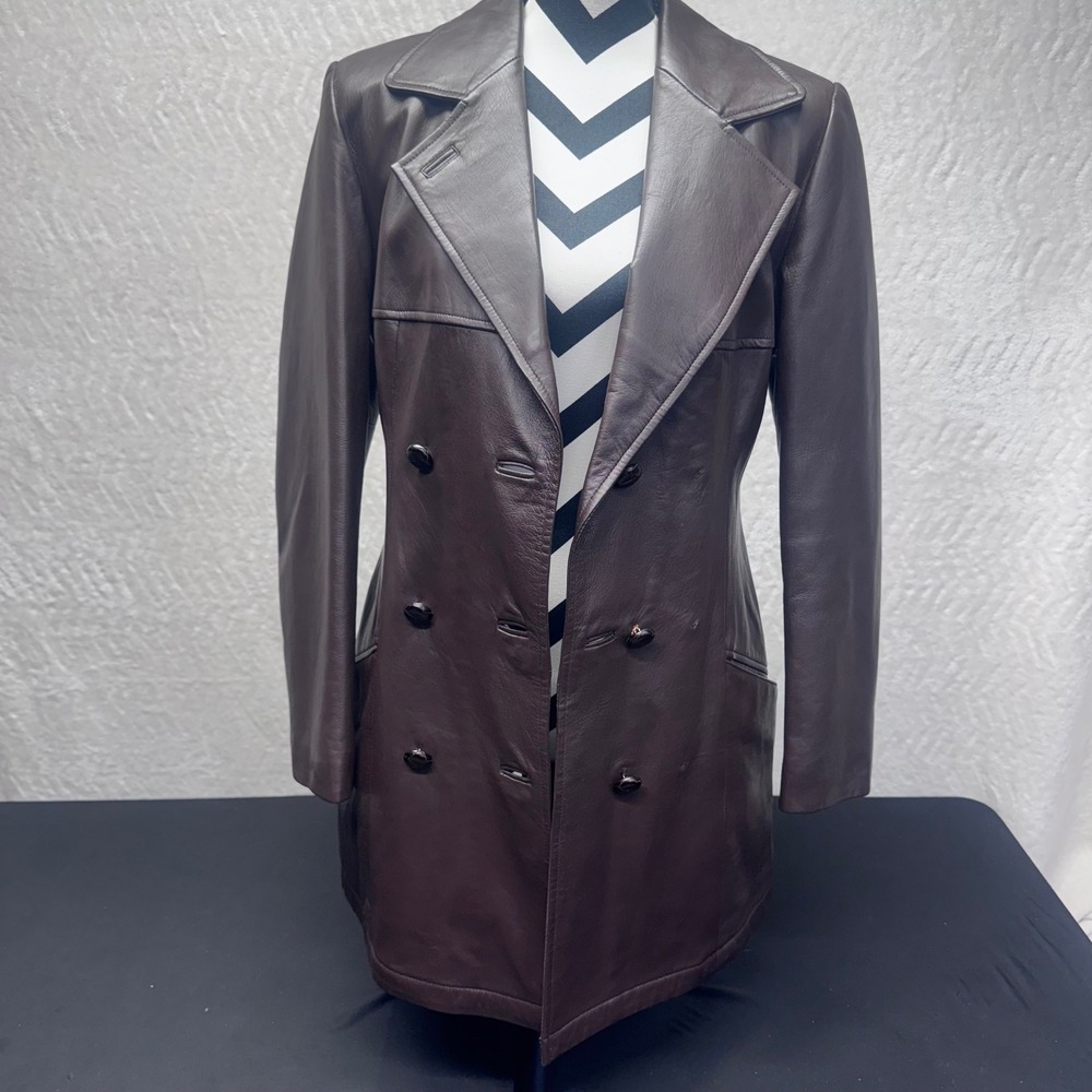 Vintage Brown Genuine Leather Double Breasted Mid Length Coat Jacket